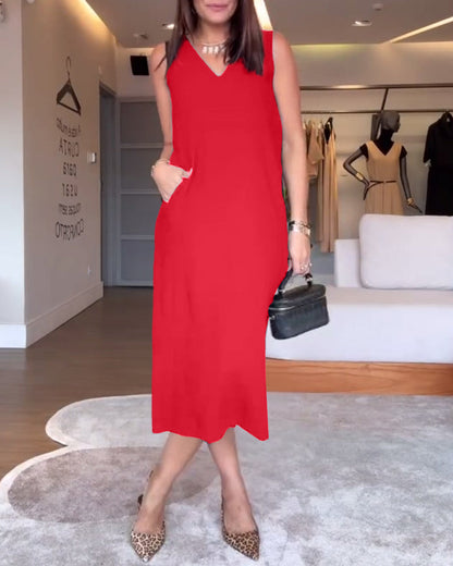 Lässiges, ärmelloses, einfarbiges, geteiltes Kleid mit V-Ausschnitt