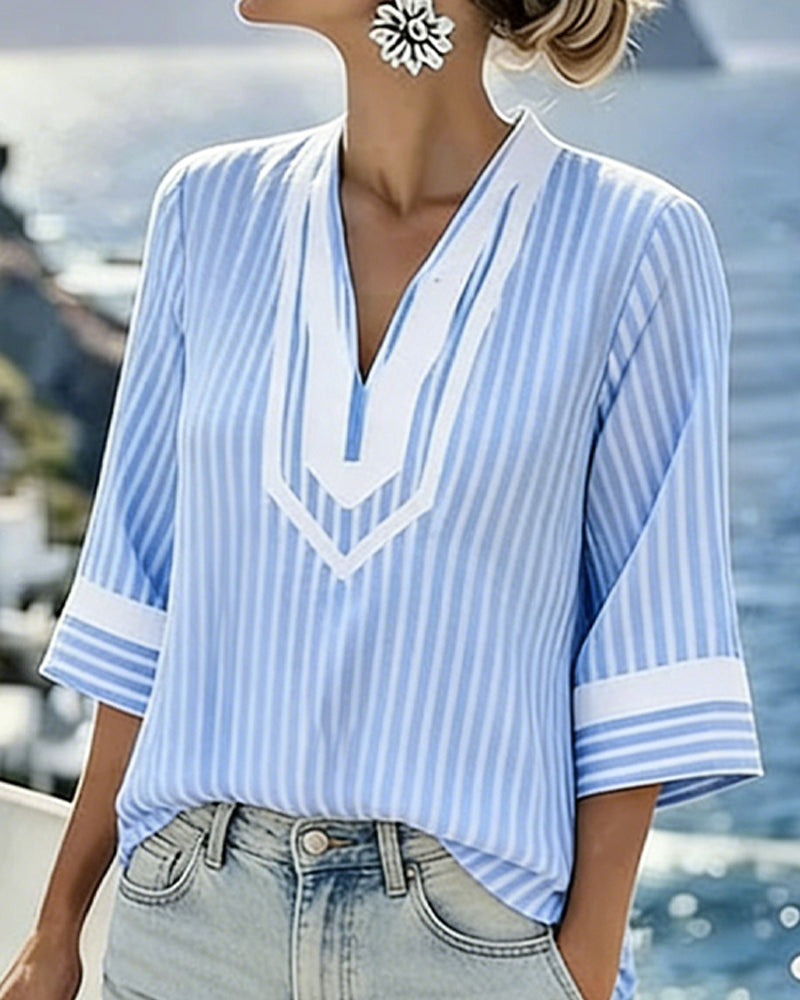 Striped V-Neck Three-Quarter Sleeve Color Block Top