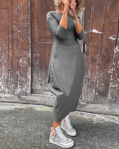 Simple solid color pocket long sleeve elegant dress