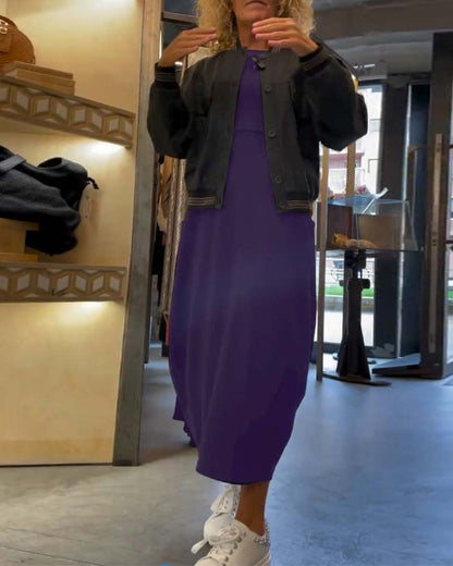 Abito con scollo tondo e maniche lunghe, tascabile, tinta unita