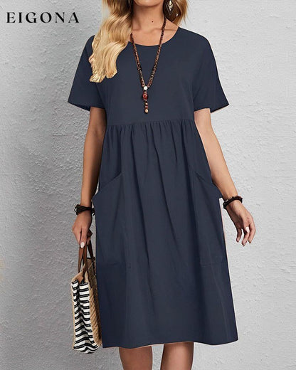 Round neck pleated short sleeve dress Dark blue 23BF Casual Dresses Clothes Cotton and Linen Dresses Spring Summer