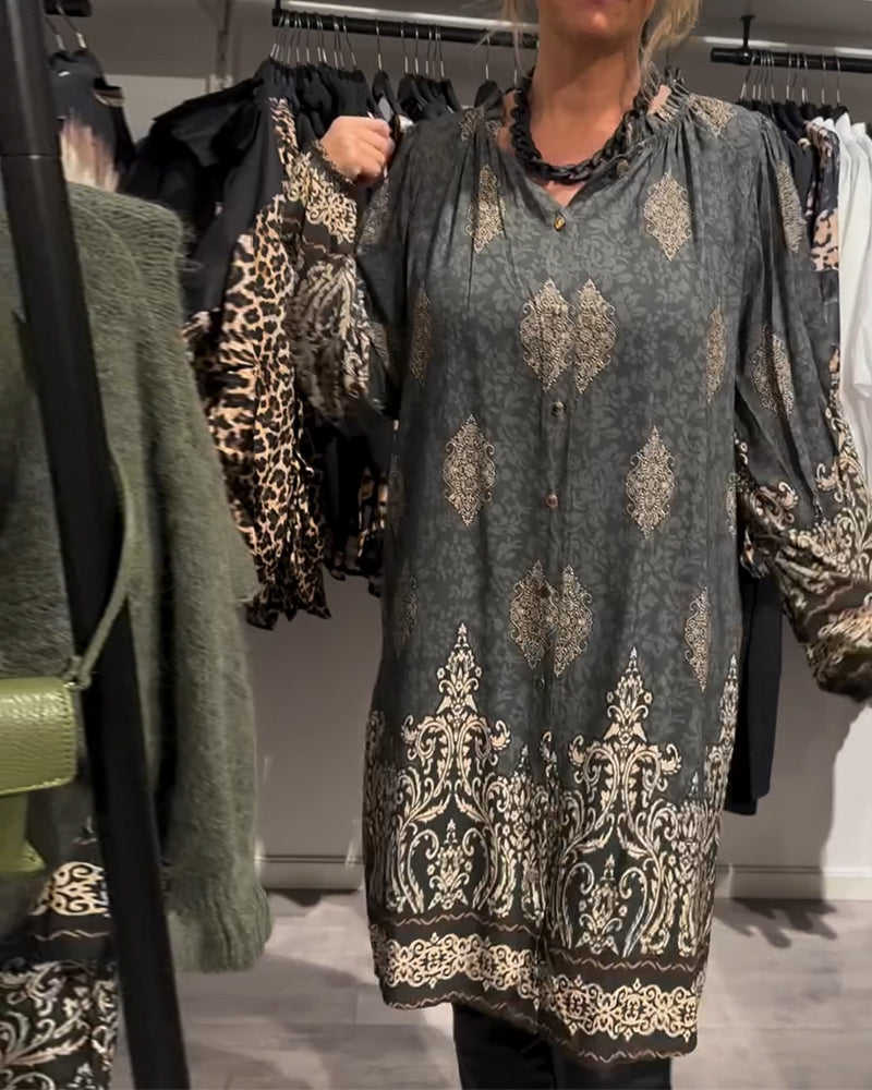 Lapel button-down vintage print dress