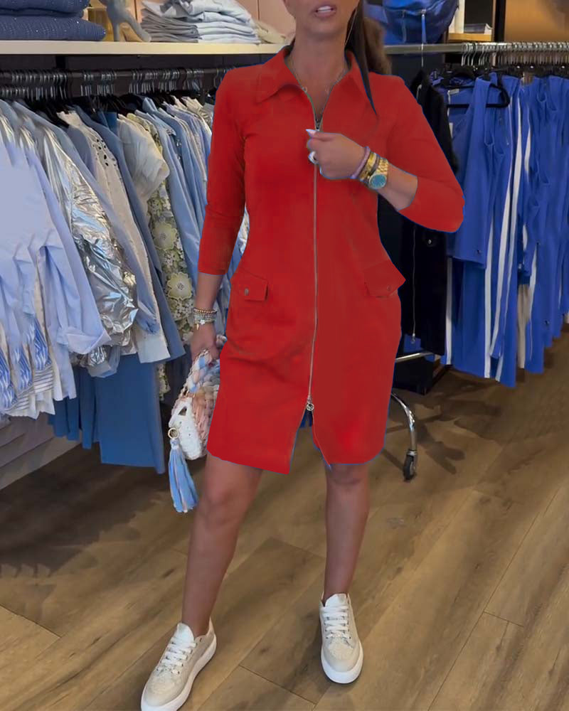 Einfarbiges Langarmkleid mit Revers und Reißverschluss