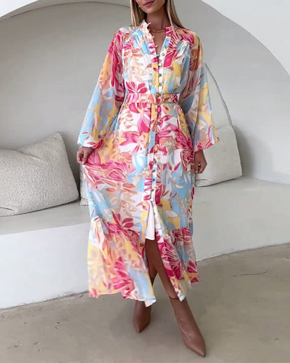 Elegant dress with printed buttons and lantern sleeves casual dresses spring summer