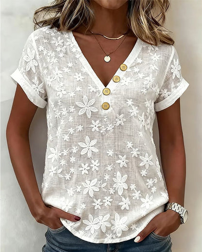 Solid Color 3d Floral V-Neck Blouse