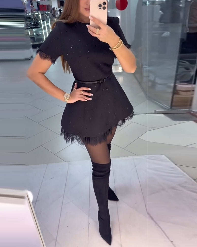 Sparkling Lace Short-Sleeve A-Line Dress