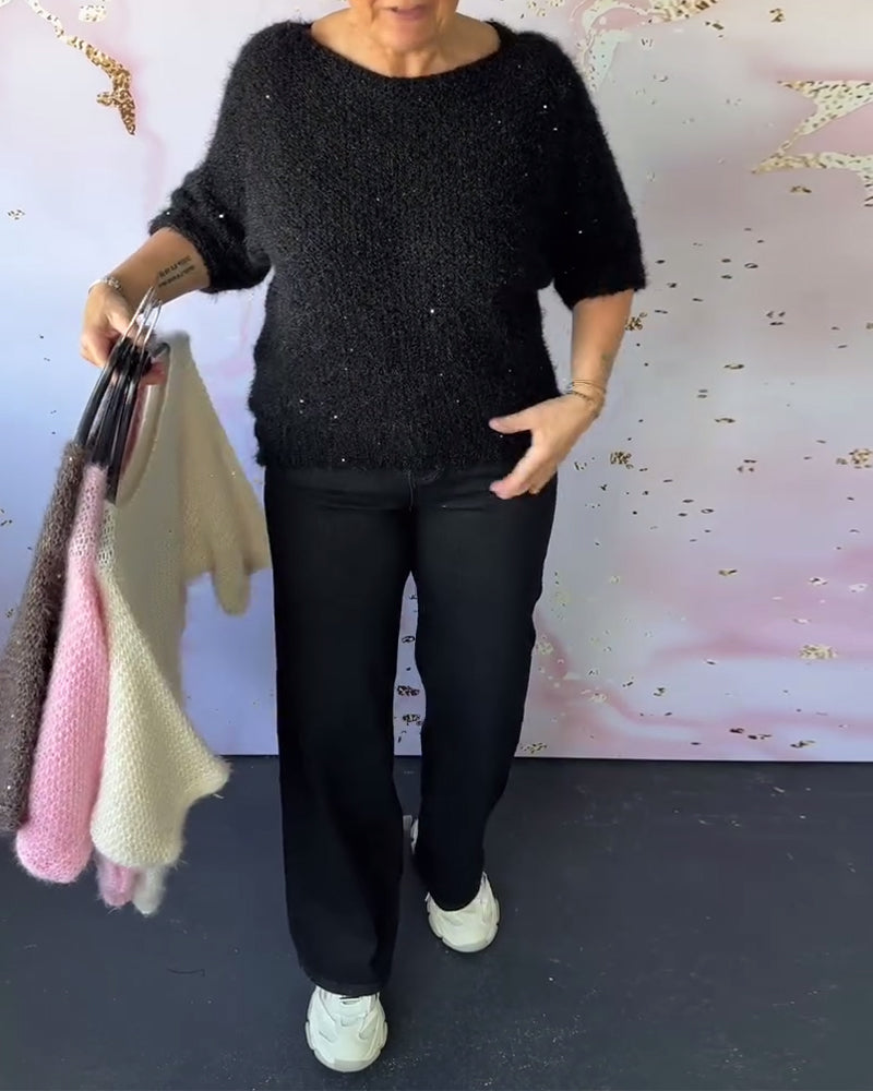 Half-Sleeved Round Neck Sequin Sweater