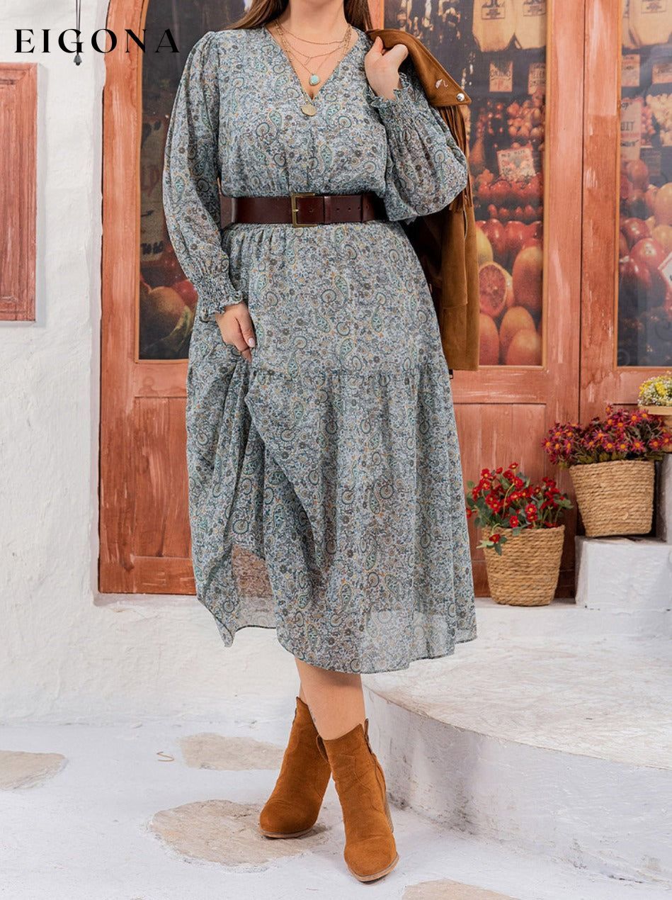 Plus Size V-Neck Long Sleeve Midi Dress clothes H.R.Z Ship From Overseas Shipping Delay 09/29/2023 - 10/04/2023 trend
