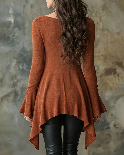 Flared Long Sleeve Asymmetrical Hem Top