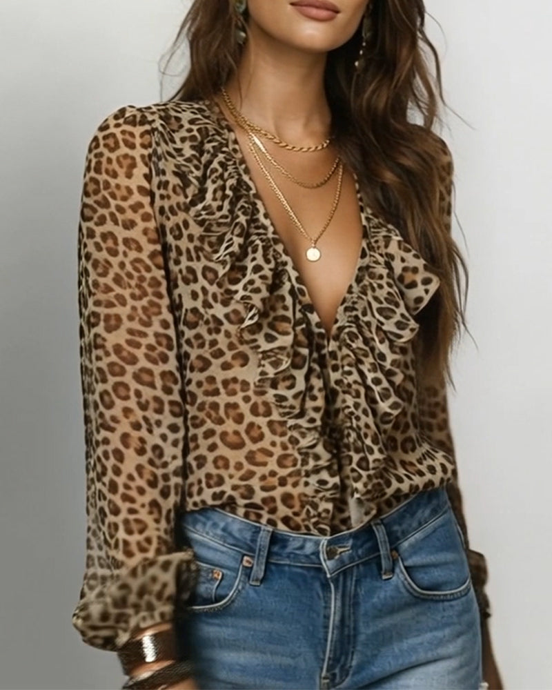 Ruffled V Neck Leopard Print Blouse