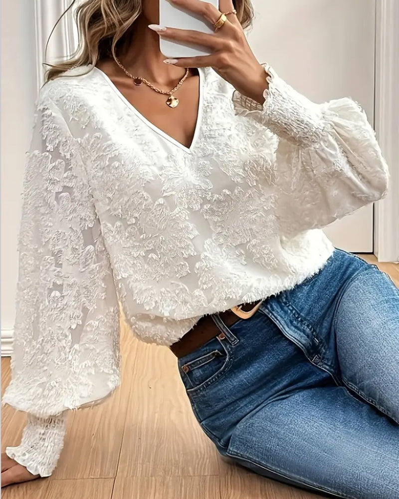 Lantern Sleeves Elegant V-Neck Blouse
