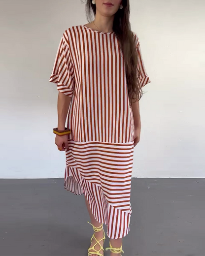 Short-Sleeved Loose-Fitting Striped Dress