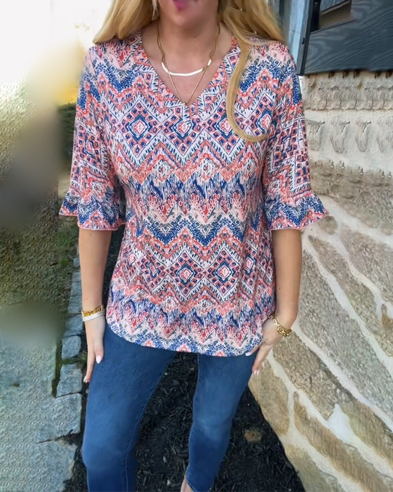 Lässige Bluse mit Trompetenärmeln und V-Ausschnitt