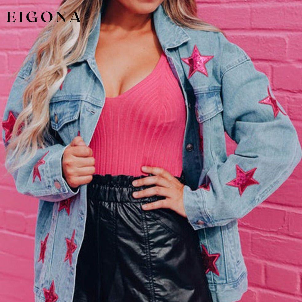 Light Blue Sequin Star Flap Pocket Denim Jacket All In Stock Category Shacket clothes Color Pink Craft Sequin Fabric Denim Occasion Daily Season Fall & Autumn Style Western