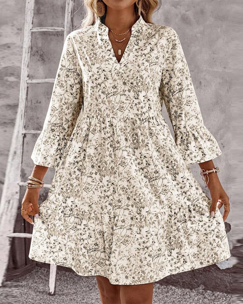 Stand-Collar Floral Print A-Line Dress