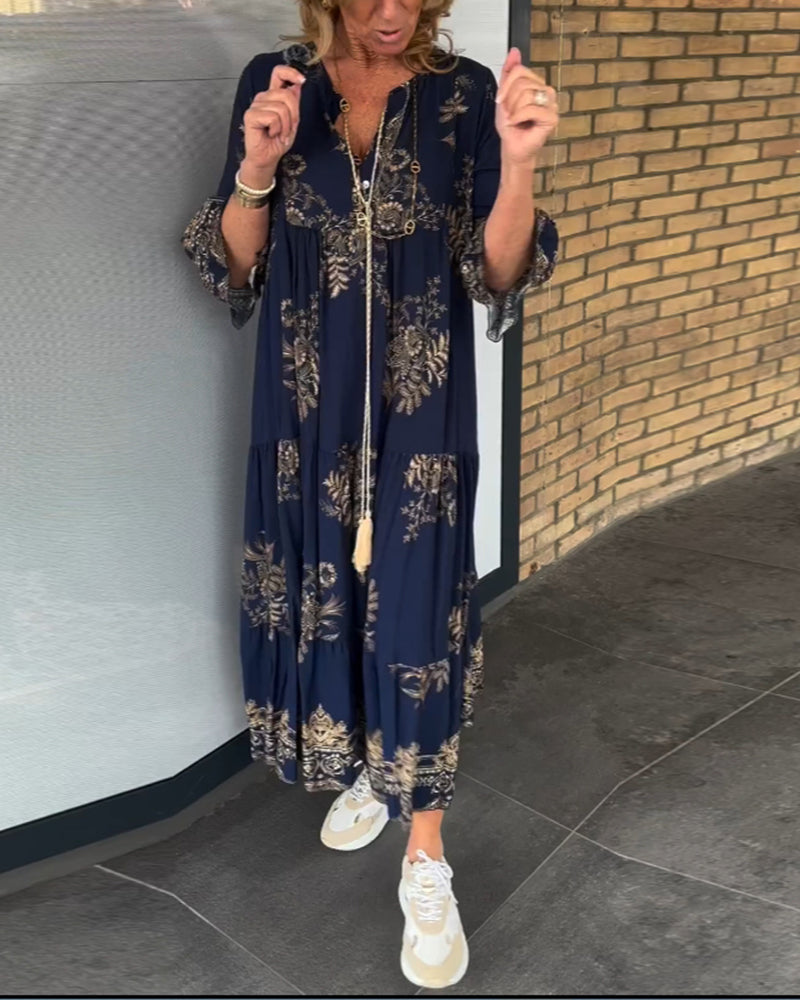 V-hals vintage løs kjole