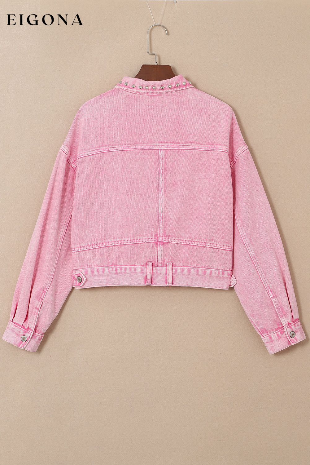 Pink Rivet Studded Pocketed Pink Denim Jacket All In Stock Category Shacket clothes Color Pink Craft Rhinestone Day Valentine's Day Fabric Denim Jackets & Coats Occasion Daily Print Solid Color Season Winter