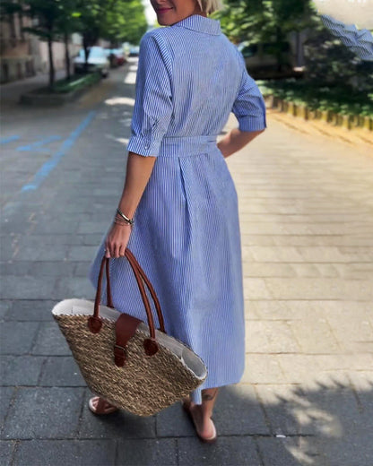 Waist Tie Lapel Striped Dress