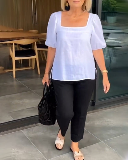 Square Neck Casual Puff Sleeve Blouse