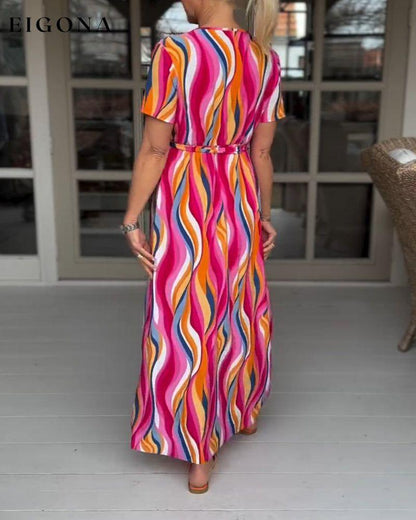 Colorful printed short-sleeved lace-up long dress casual dresses spring summer