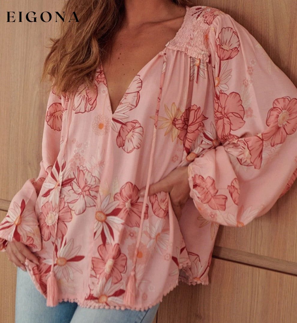 Multicolor Floral Tasseled V Neck Puff Sleeve Blouse All In Stock clothes Color Pink Occasion Daily Print Floral Season Spring Style Southern Belle