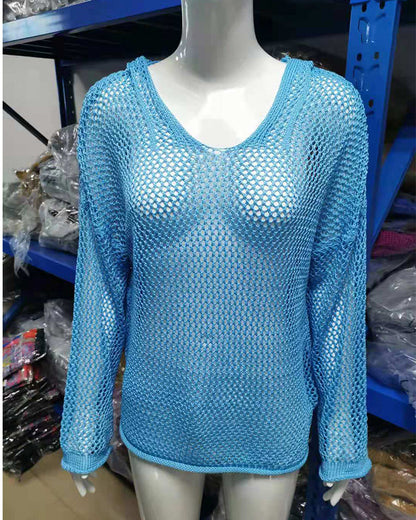 Dames Crochet Hollow Out Hooded Long Sleeve Tops