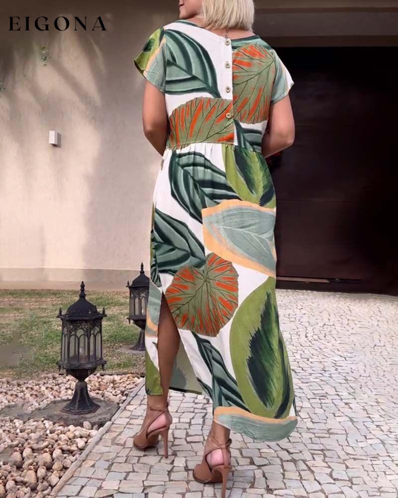 Leaf print short sleeve slit dress casual dresses summer