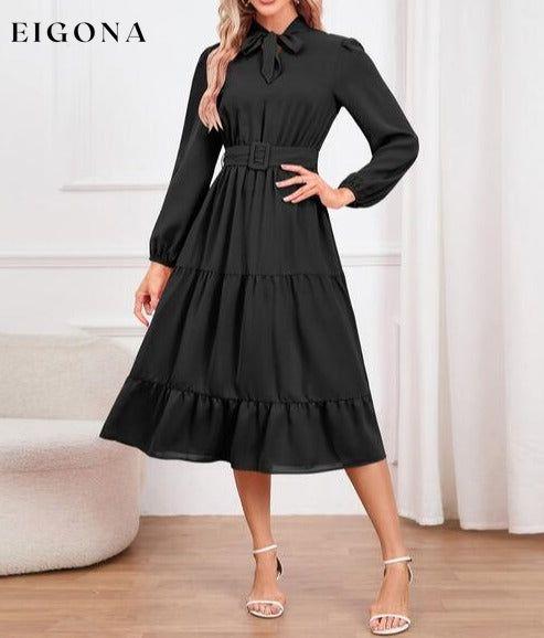 Tie Neck Long Sleeve Tiered Dress Black clothes H.Y.G@E Ship From Overseas