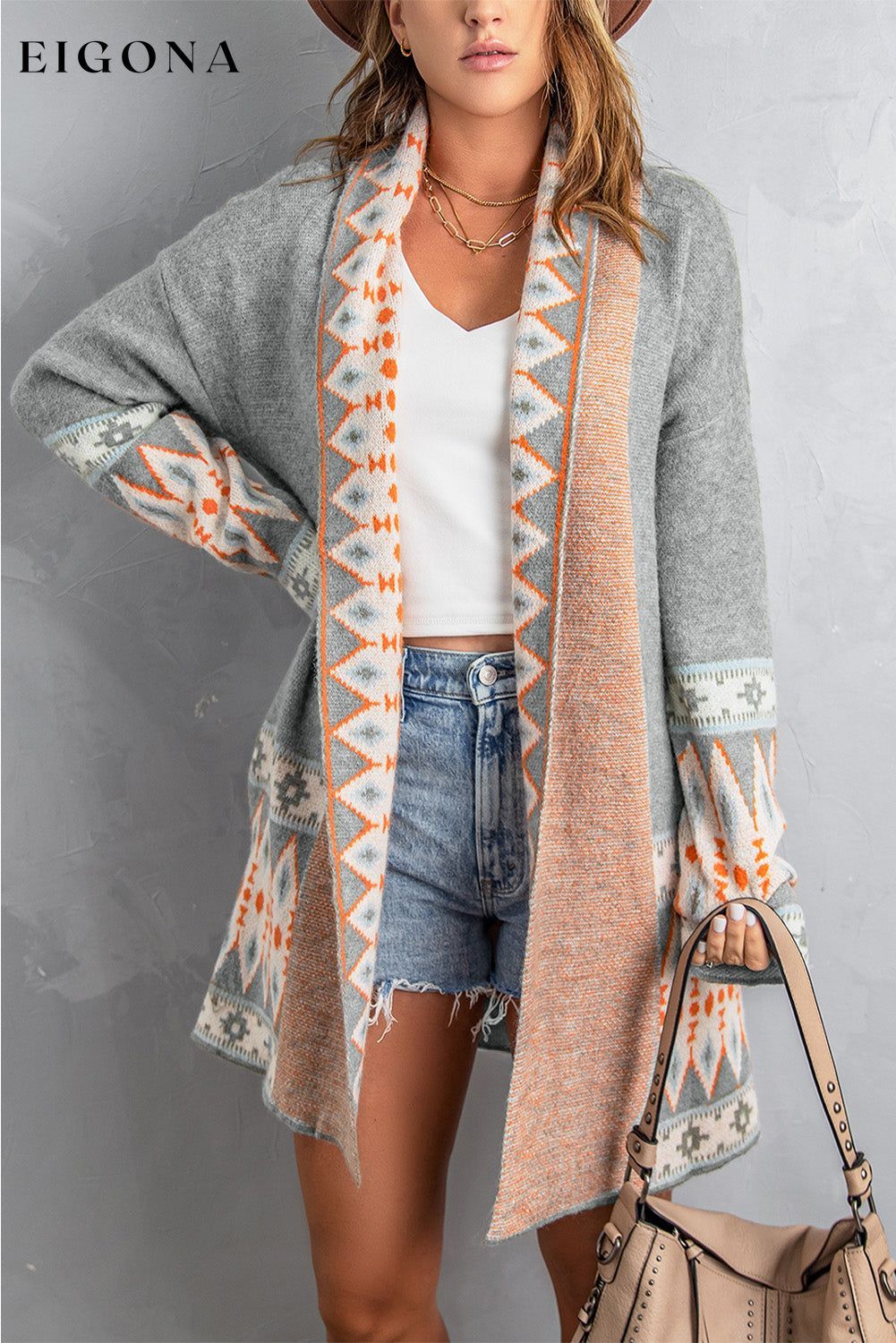 Gray Print Open Front Knitted Cardigan Category duster cardigan clothes DL Chic DL Exclusive EDM Monthly Recomend Hot picks Occasion Daily Print Aztec Season Winter Style Western
