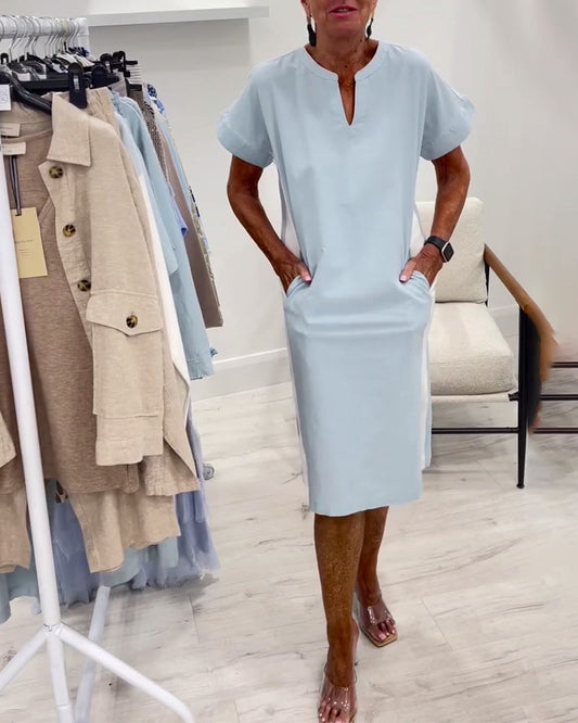 Short-Sleeved Contrast Color Straight Dress