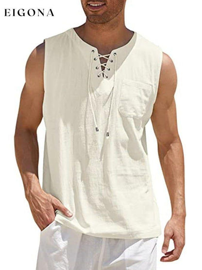 Men's Casual Cotton Linen Solid Color Hooded Lace Up Vest men s linens