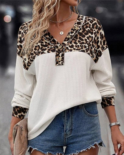 Casual leopard print V-neck buttoned sweatshirt 2024 f/w sweatshirts