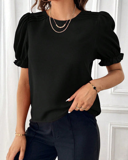 Solid Color Crew Neck Blouse