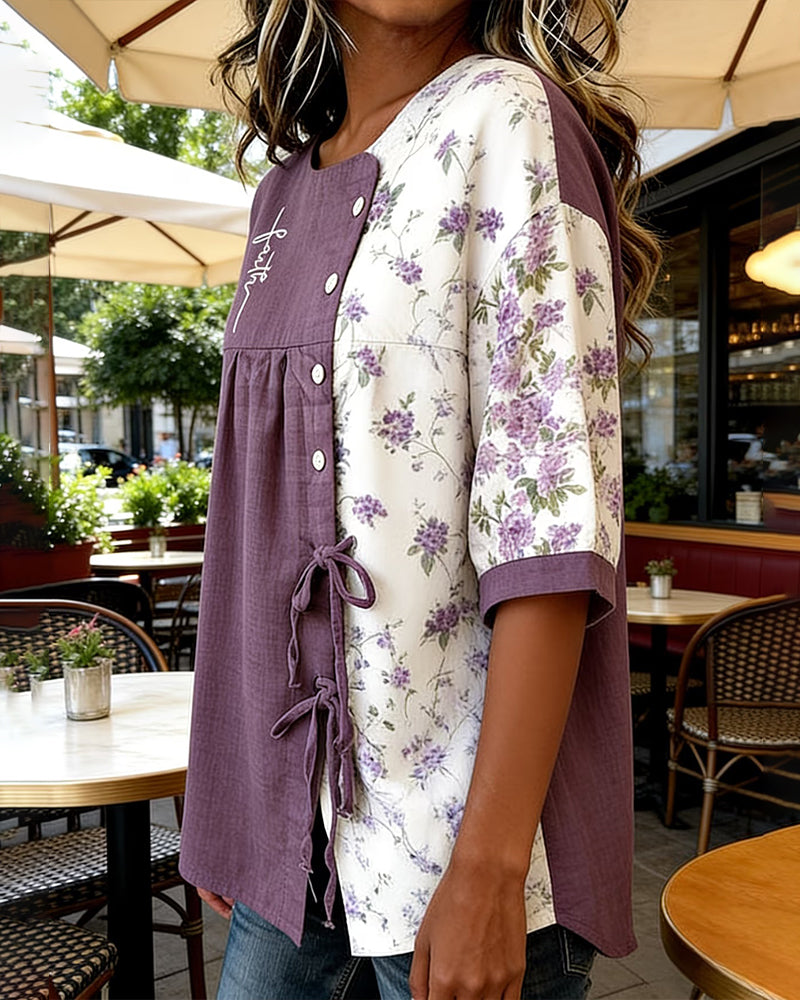 Asymmetrical Spliced Floral Color-Block Blouse