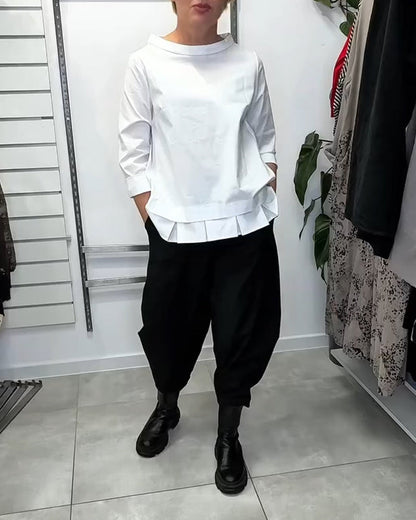 Wide-Collar Solid Color Casual Blouse