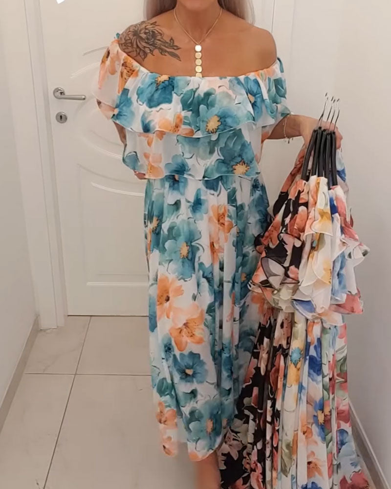 Watercolor Floral Off-Shoulder Cake Long Dress