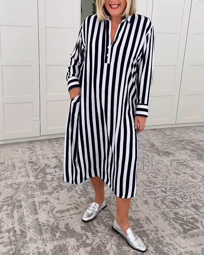 Lapel Striped Pocket Dress