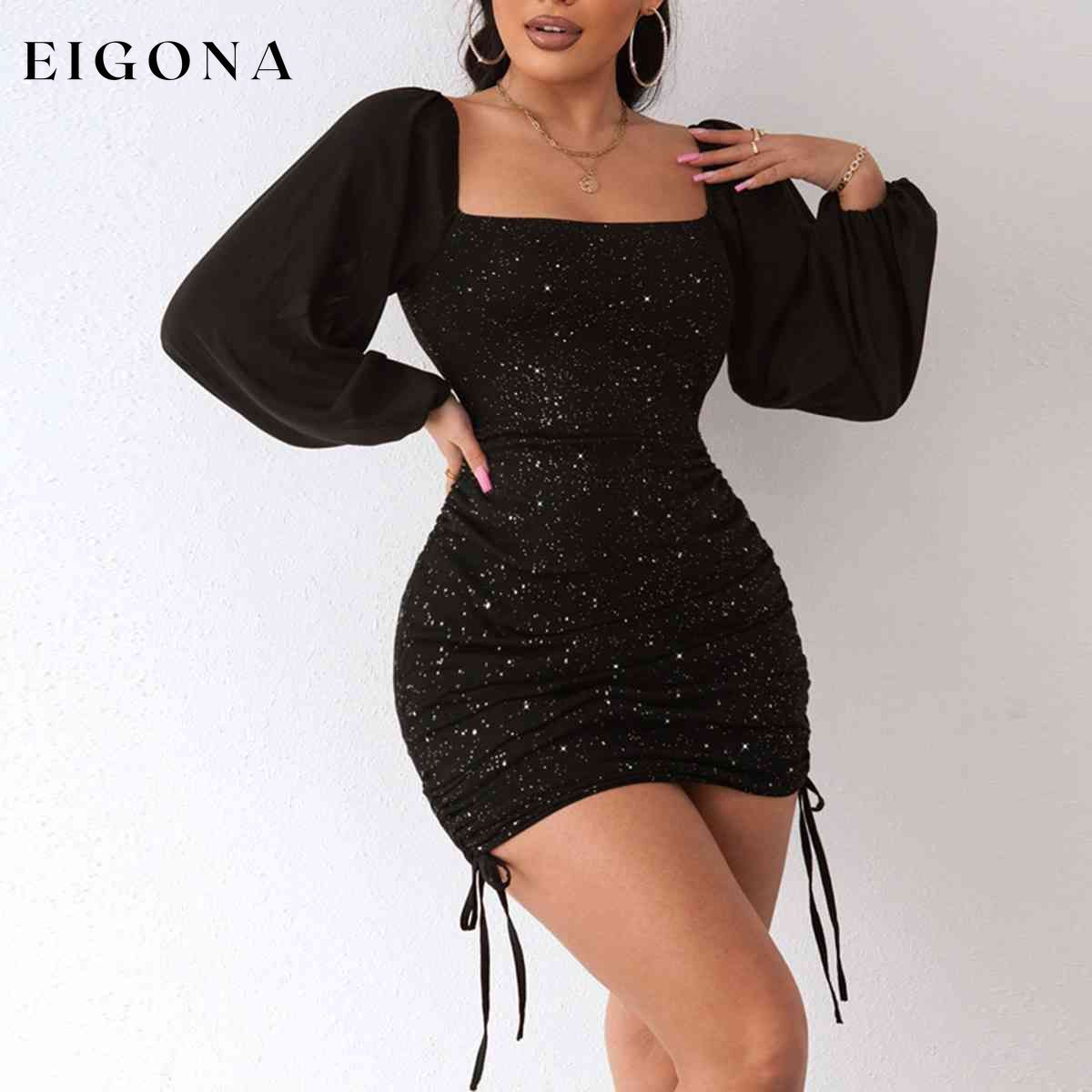 Square Neck Drawstring Ruched Sequin Long Sleeve Short Dress Black clothes D%W dress dresses formal dress formal dresses long sleeve dress long sleeve dresses mini dress sequin dress Ship From Overseas short dresses