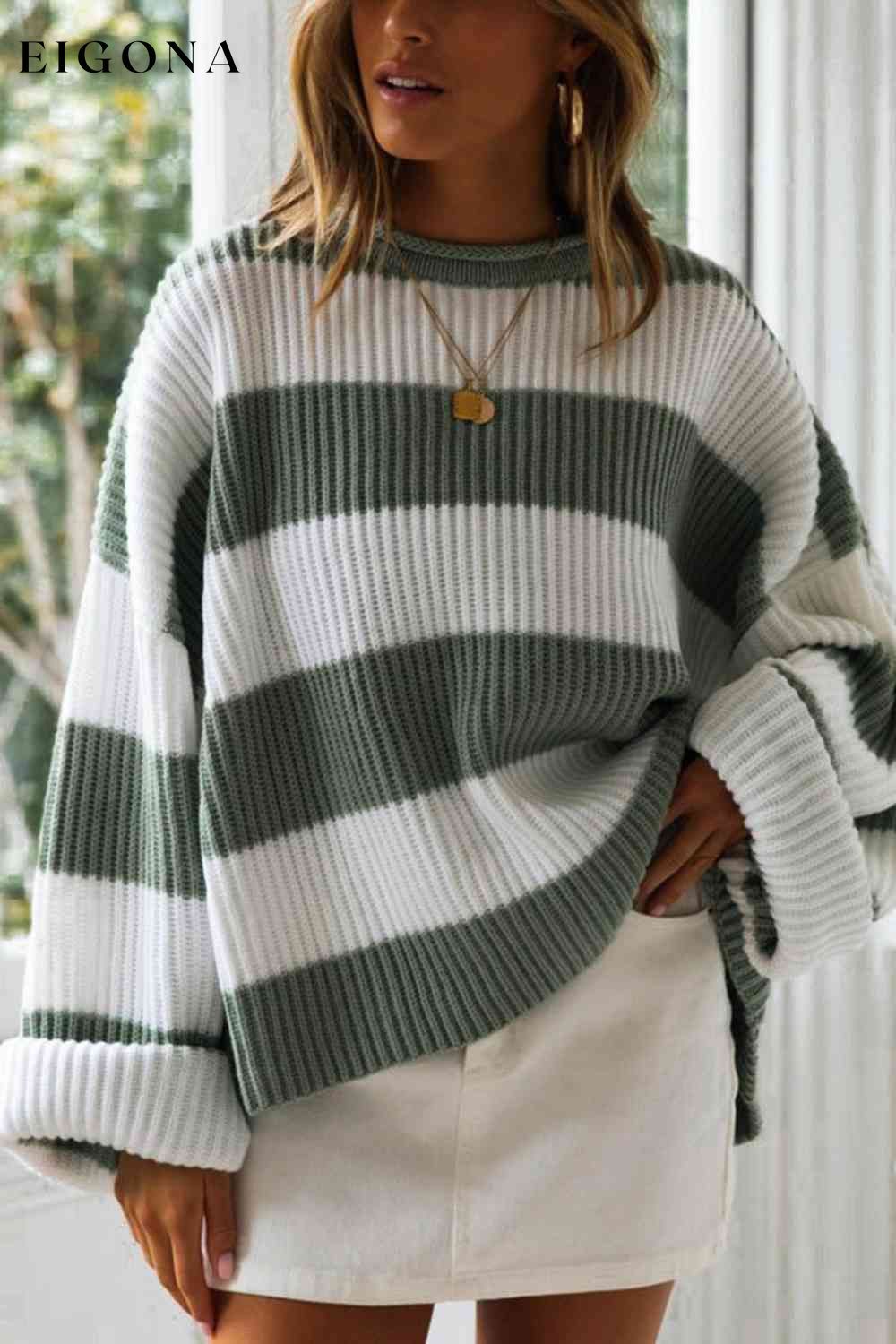 Striped Round Neck Long Sleeve Sweater clothes M@F@Y Ship From Overseas