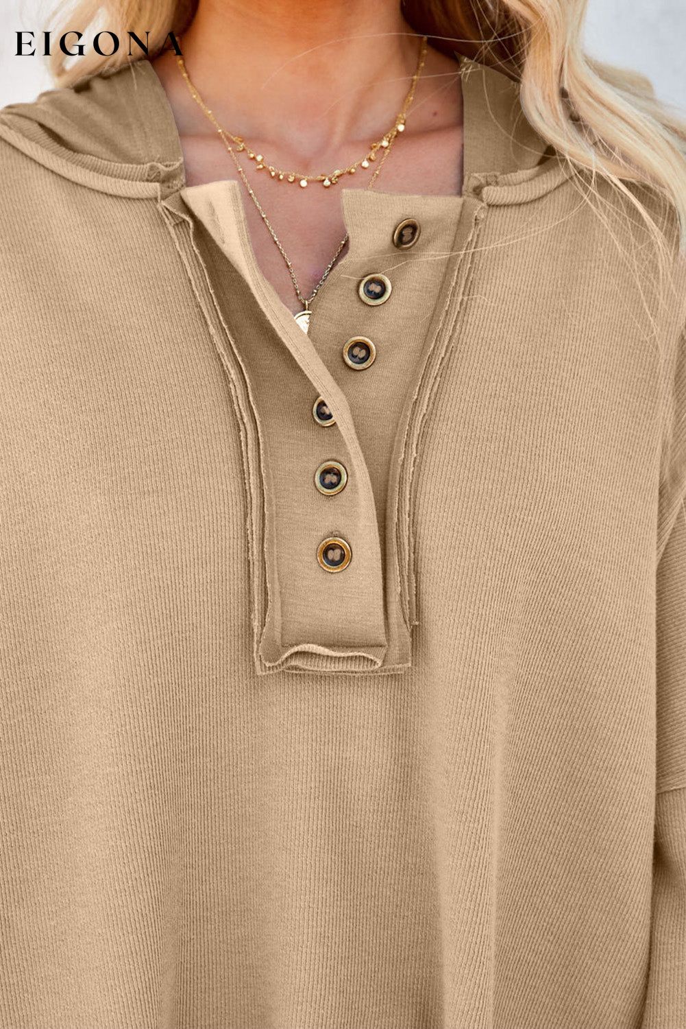 Casual Button Solid Patchwork Trim Hoodie All In Stock clothes Color Khaki Craft Patchwork long sleeve shirts long sleeve top Occasion Daily Print Solid Color Season Fall & Autumn Style Casual Sweater sweaters Sweatshirt