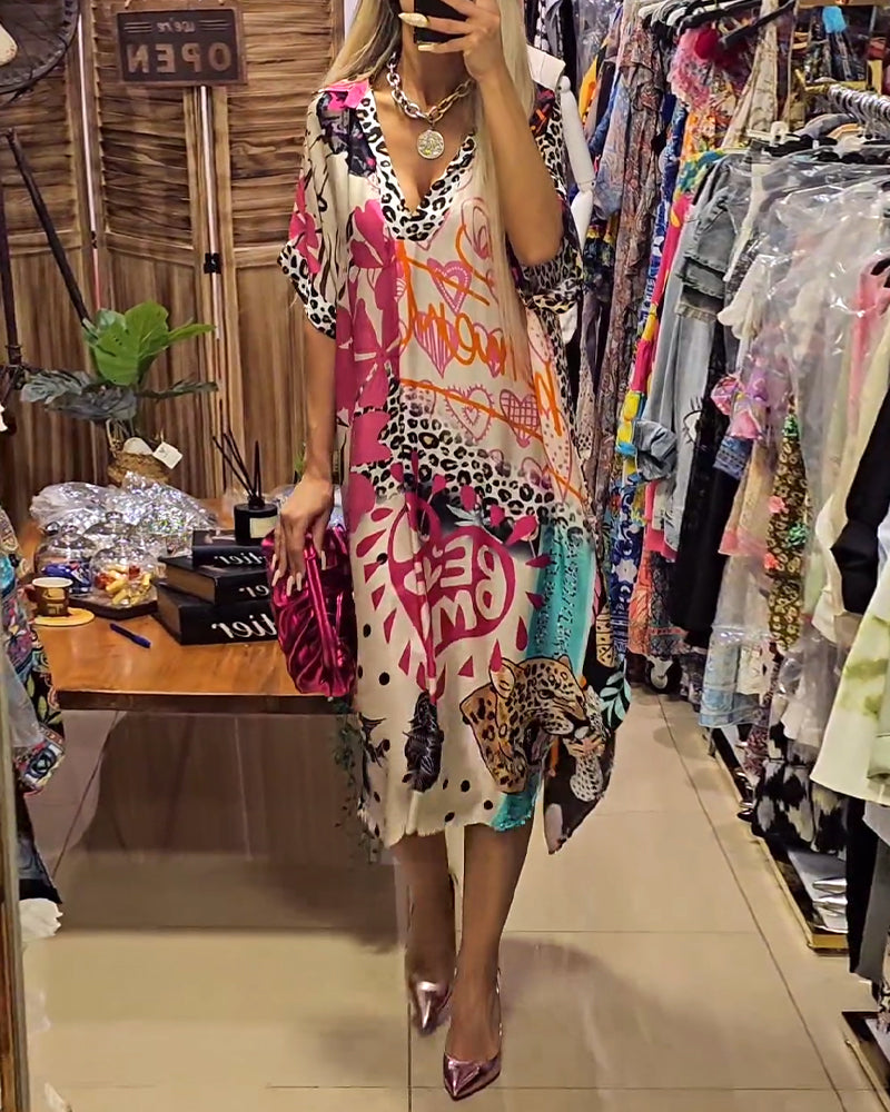 Casual leopard and colorful print deep V dress casual dresses spring summer