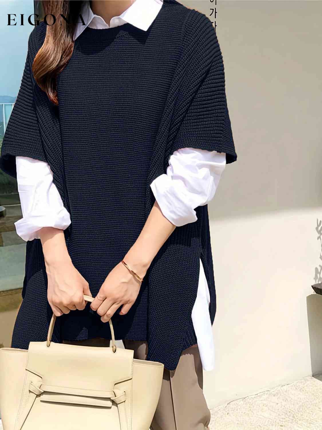 Plus Size Round Neck Slit Short Sleeve Sweater clothes M@Z@L Ship From Overseas