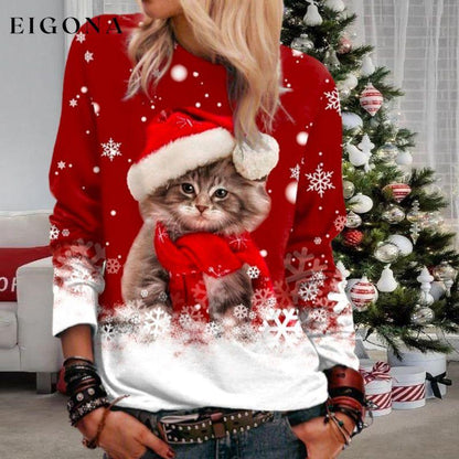 Cat Print Christmas T-Shirt Red best Best Sellings clothes Plus Size Sale tops Topseller