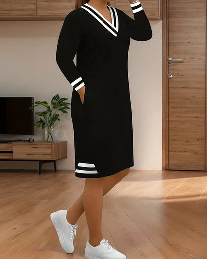 Color-Blocked Striped V-Neck Dress