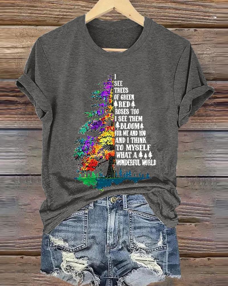 Women'S Retro Hippie Christmas I See Trees Of Green, Red Roses Too I See Them Bloom For Me And You And I Think To Myself What A Wonderful World Print T-Shirt christmas summer t-shirts