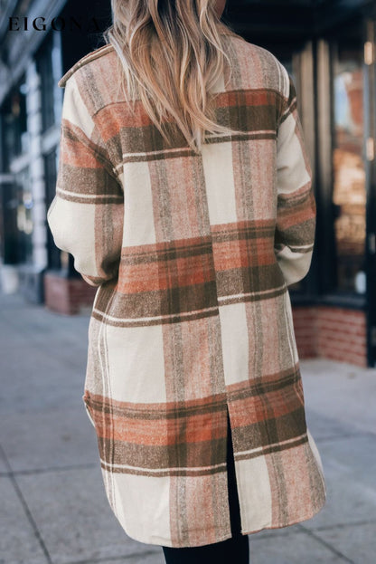 Brown Plaid Print Flap Pockets Long Shacket All In Stock Category Shacket clothes DL Exclusive DL Out West Fall To Winter Hot picks jacket Jackets & Coats Occasion Daily Print Plaid Season Winter Style Casual