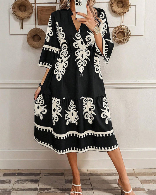 V-neck vintage printed loose dress casual dresses summer