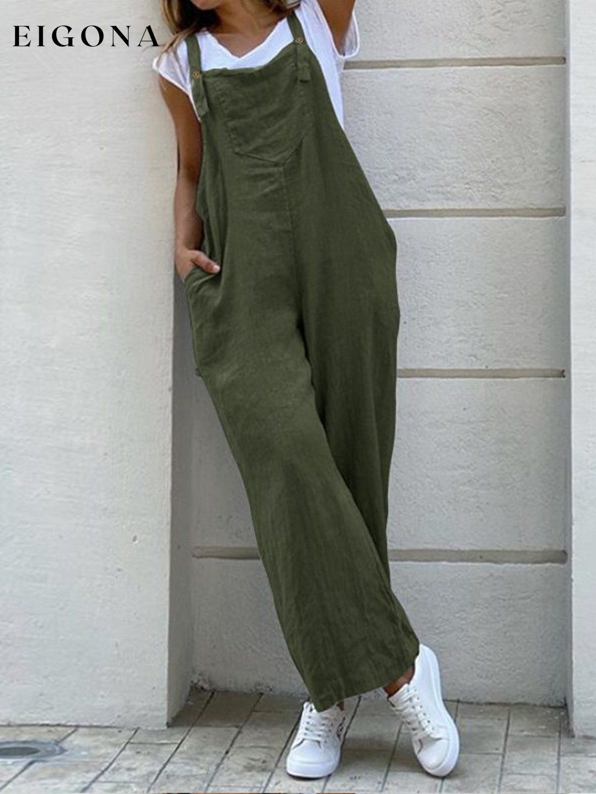 Women's Casual Pure Color Wide Leg Overalls cotton linens