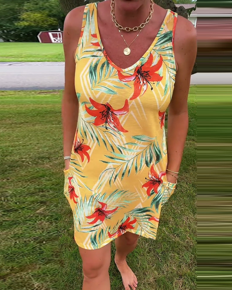 Ärmelloses, gerades Kleid mit V-Ausschnitt und Blumenmuster