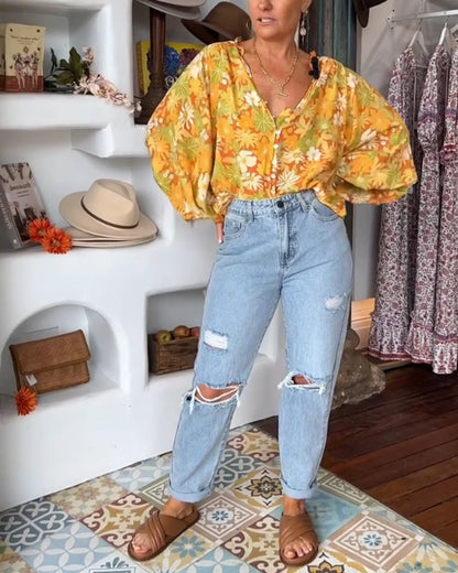 Bluse mit Blumendruck und V-Ausschnitt